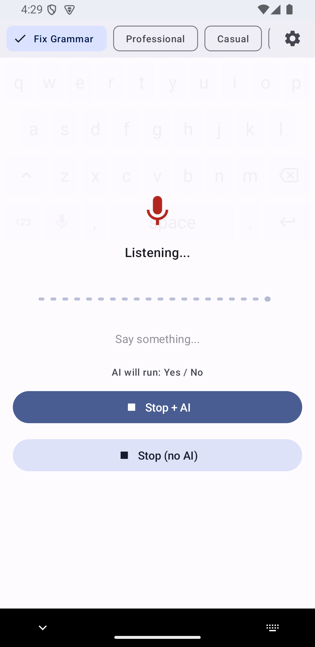 Voice dictation overlay listening screen with stop options
